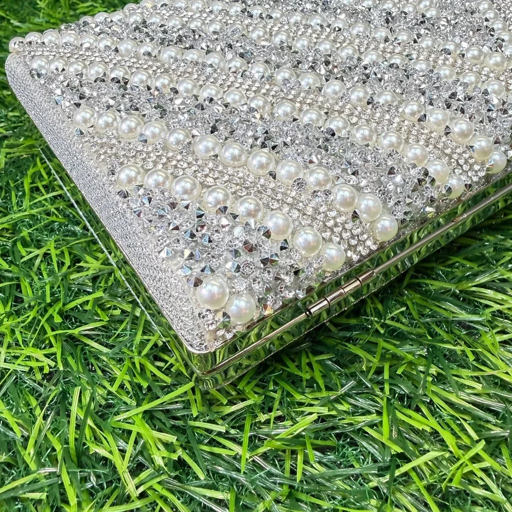 Evening Clutch Womens OS Silver‎ Excellent Pearl Rhinestone Chevron Bag